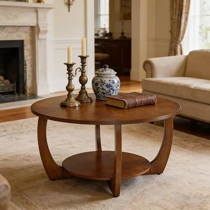 29.5" Round Coffee Table, 2-Tier Circle Coffee Table