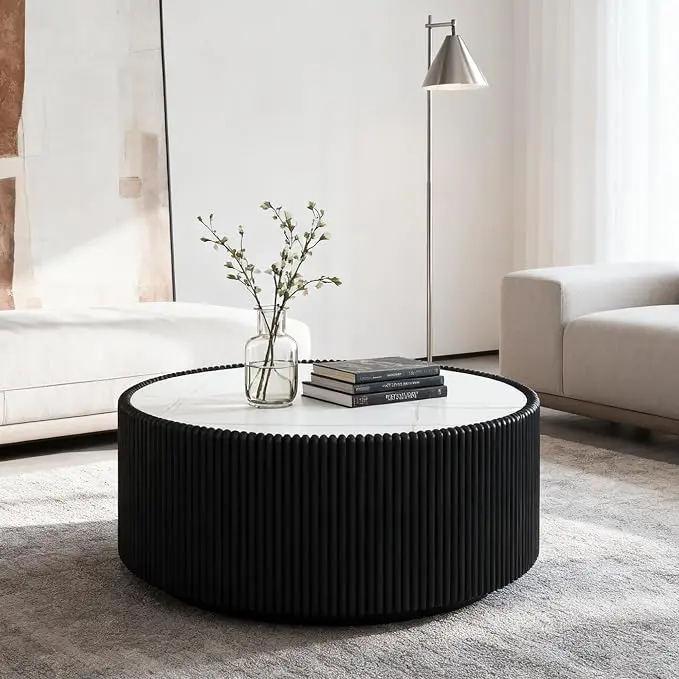 29.52" Round Marble Coffee Table, Modern Fluted Coffee Table w/White Sintered