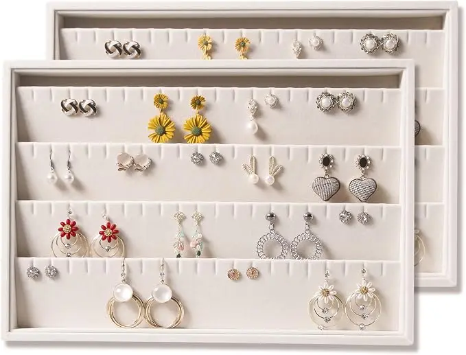 2PC Stackable Earring Tray Drawer Jewelry Holder Organizer Box Storage Earring Display Stand for Selling (beige(earring+earring))