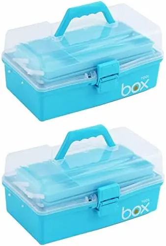 2PCS 12'' Three-Layer Clear Art Box Organizer, Multipurpose Plastic Craft Box with Handle (Blue)