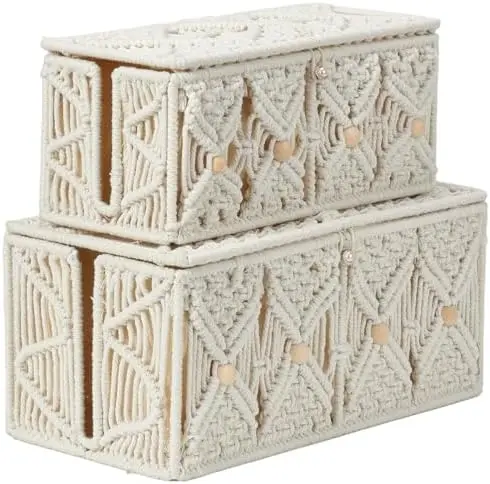2PCS Cable Management Box Handmade Macrame Cord Organizer Basket