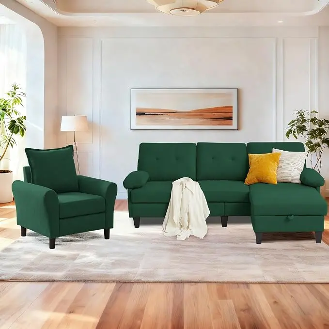 2PCS Sectional Sofa Set with Ottoman, Modern Linen 4 Seater Couch Set with Side