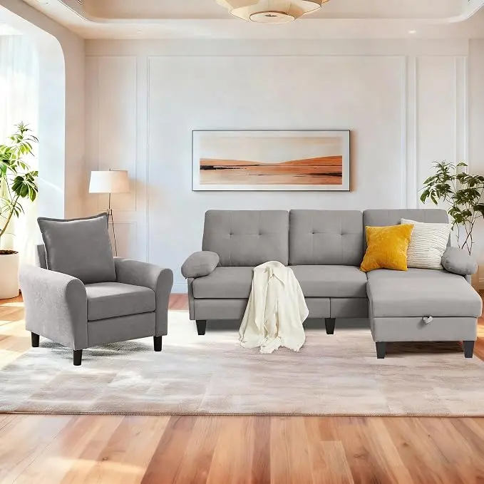 2PCS Sectional Sofa Set with Ottoman, Modern Linen 4 Seater Couch Set with Side