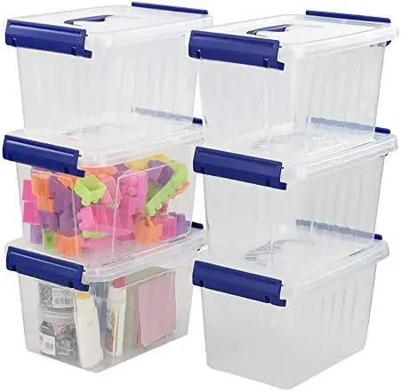 3.5 Quart Small Plastic Lidded Storage Box with Blue Handle, 6 Packs