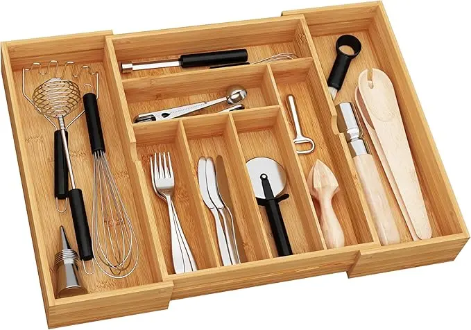 3" Deepth Expandable Drawer Organizer, Deep Flatware Organizer, Adjustable Silverware Organizer, Bamboo Drawer Organizer for Kitchen, Bathroom (Natural)