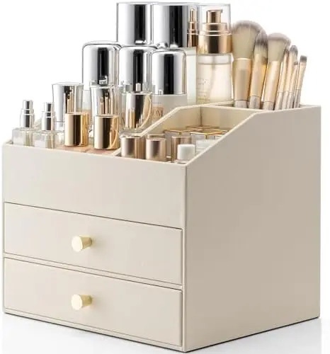 3-Layer Makeup Organizer with 2 Large Drawers for Vanity,Beige