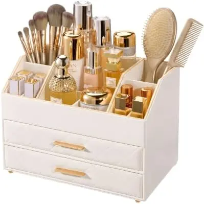 3-Layer PU Leather Makeup Organizer for Cosmetic Vanity -Beige