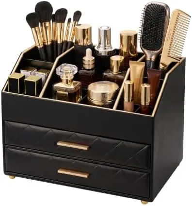 3-Layer PU Leather Makeup Organizer for Cosmetic Vanity -Black