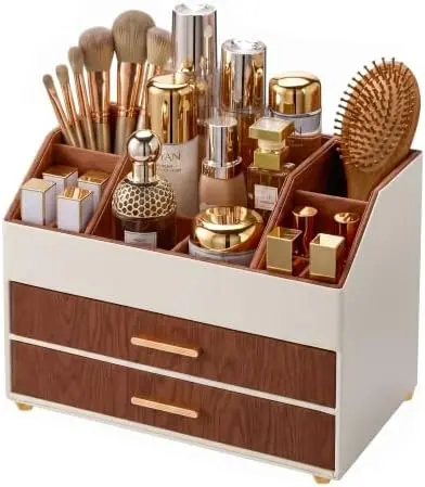 3-Layer PU Leather Makeup Organizer for Cosmetic Vanity -Walnut
