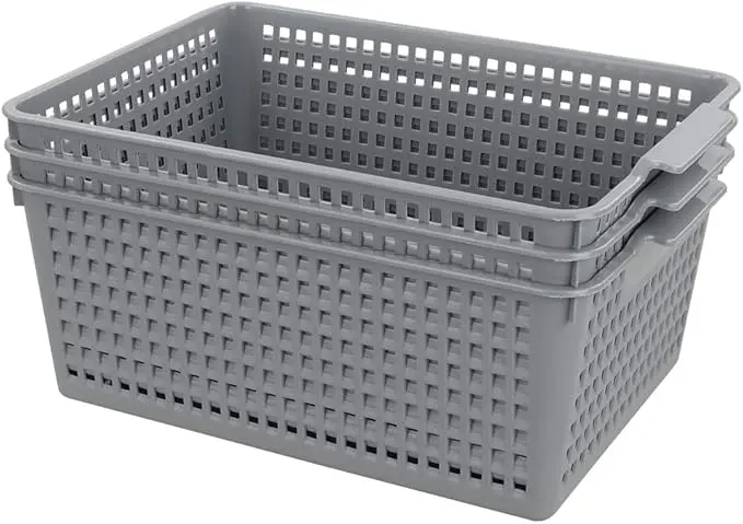 3-pack Large Plastic Storage Basket Bins, Grey Baskets for Organizing