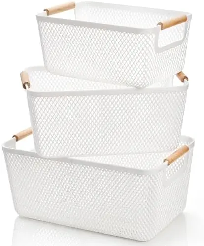 3 Pack Plastic Mesh Basket, White Weave Baskets with Wooden Handles