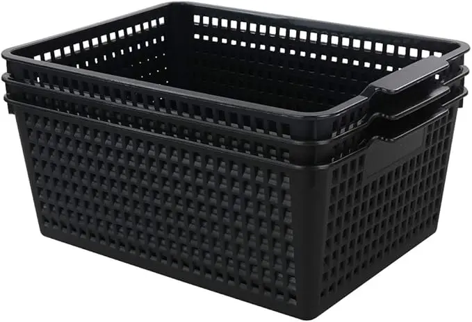 3-pack Plastic Storage Bins Basket For Organizing (Black)
