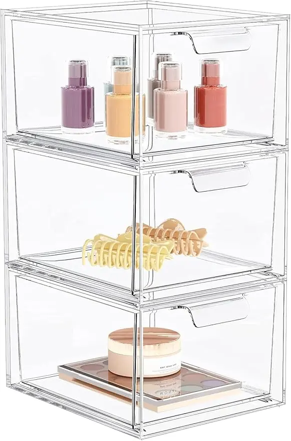 3 Pack Stackable Makeup Organizer and Storage, Acrylic Organizers,Clear Plastic Storage Drawer with Handles for Vanity, Undersink, Kitchen Cabinets, Pantry