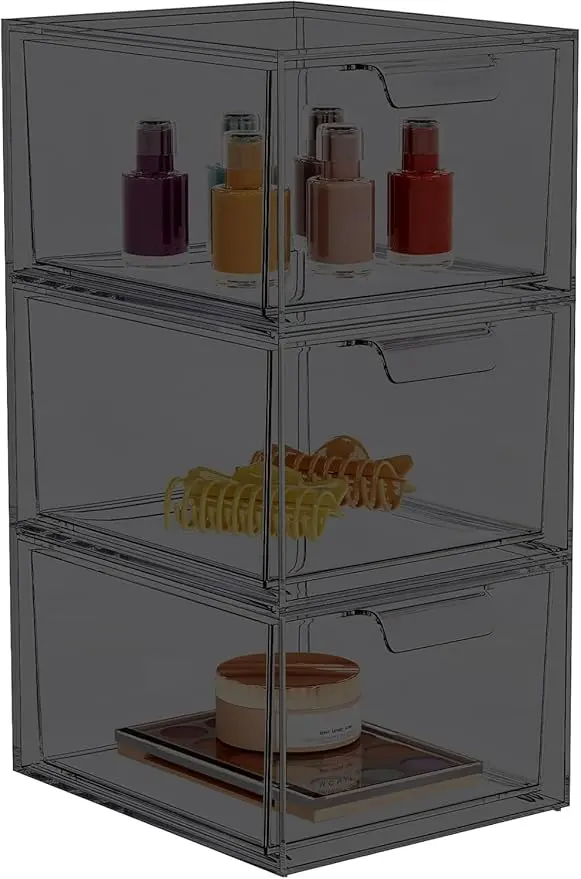 3 Pack Stackable Makeup Organizer and Storage, Acrylic Organizers,Clear Plastic Storage Drawer with Pull-Out Handles for Vanity, Undersink, Kitchen Cabinets, Pantry, Black