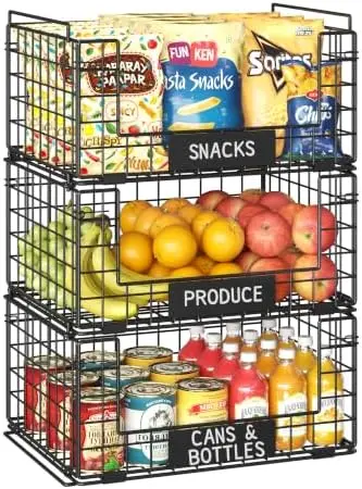 3 Pack XXL Stackable Wire Baskets with Handles & Name Plates