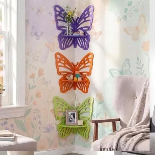 3 Pcs Butterfly Corner Floating Shelves Wall Mounted Set, Vivid Color