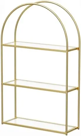 3-Tier Arched Wall Shelf with Gold Frame & Transparent Shelves