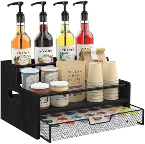 3-Tier Coffee Bar Organizer, 8 Bottle Syrup Stand, Black