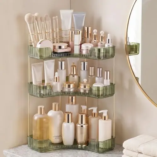 3-Tier Corner Bathroom Counter Organizer with Makeup Brush Holder, Green