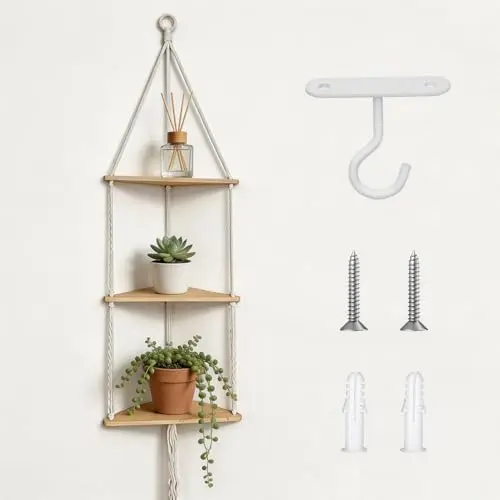 3 Tier Corner Wall Shelf, Macrame Corner Hanging Shelf with Hanging Hook