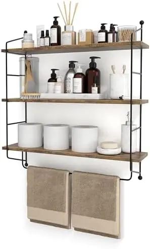 3-Tier Floating Shelves for Wall, Bathroom Storage & Decor (Brown)