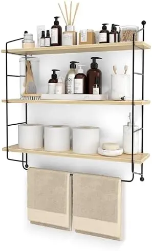 3-Tier Floating Shelves for Wall, Bathroom Storage & Decor (Maple)