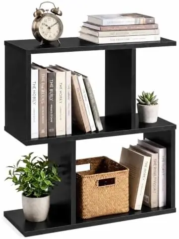 3-Tier Geometric Bookshelf, Wood S-Shape Bookcase, Black