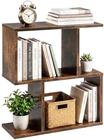 3-Tier Geometric Bookshelf, Wood S-Shape Bookcase, Brown