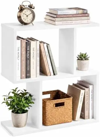 3-Tier Geometric Bookshelf, Wood S-Shape Bookcase, White
