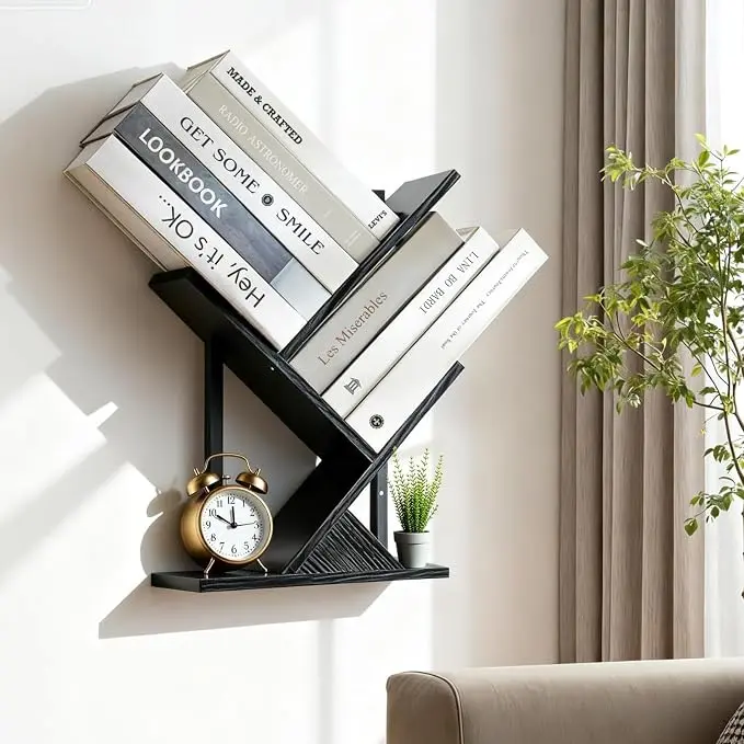 3 Tier Small Tree Bookshelf Black Floating Book Shelves