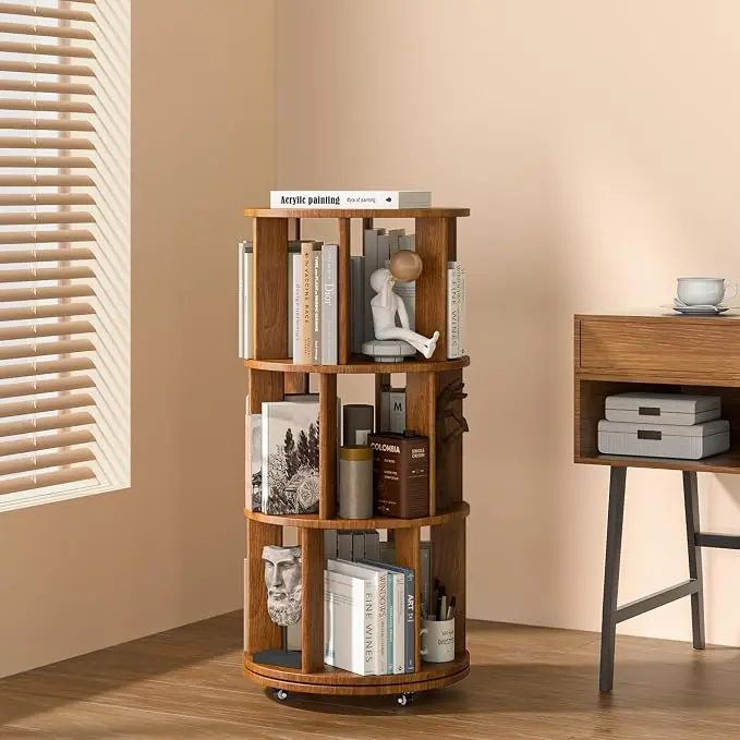 3-Tier Solid Wood Rotating Bookshelf on Wheels, 360° Spinning Book Shelf Tower
