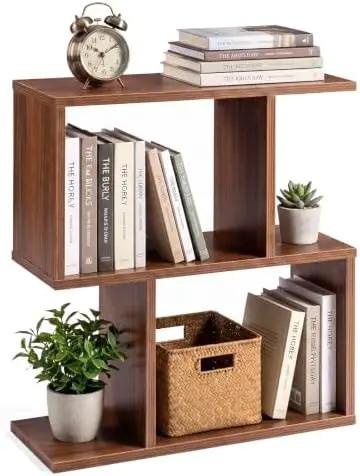 3-Tier Wood S-Shaped Geometric Bookshelf, Walnut