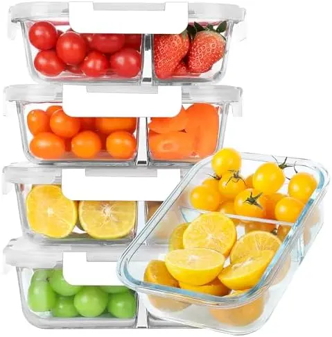 30 oz 5 Pack Glass Meal Prep Containers 2 Compartments, White