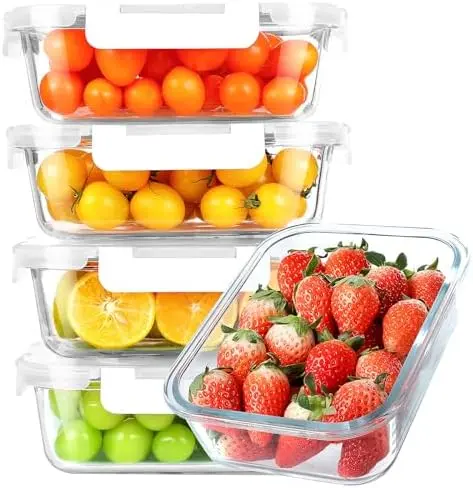 30 oz 5 Pack Glass Meal Prep Containers with Lids, White