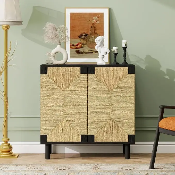 31.5" Black Accent Storage Cabinet, Modern Boho Sideboard