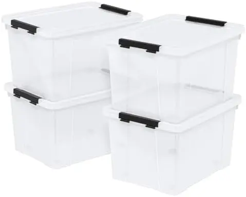35 Quart Plastic Clear Latching Storage Box with Wheels, 4-Pack