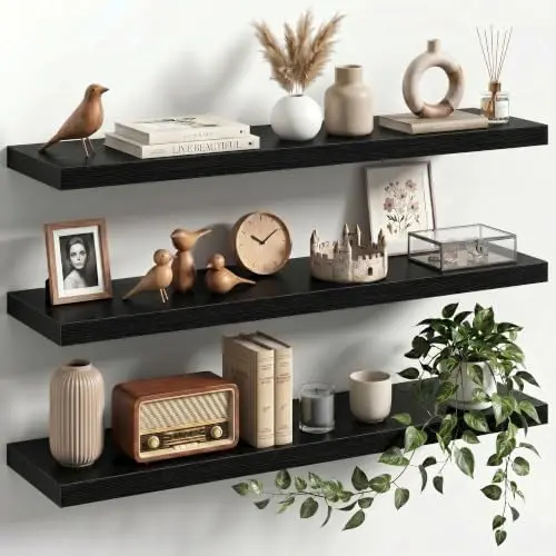 36" Floating Shelves for Wall, Set of 3, 8" Deep, 1.5" Thick, Black