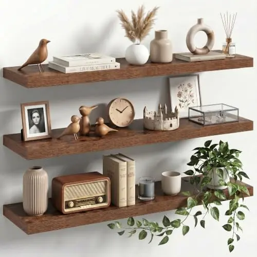 36" Floating Shelves for Wall, Set of 3, 8" Deep, 1.5" Thick, Brown