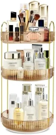 360 Rotating Makeup Organizer, 3 Tier Vanity Counter Storage (Gold)