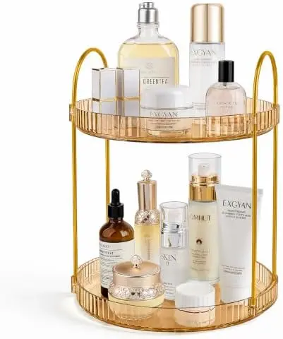 360° Rotating Makeup Organizer Large Capacity Perfume Tray, 2 Tier, Gold