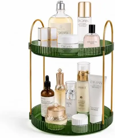 360° Rotating Makeup Organizer Large Capacity Perfume Tray, 2 Tier, Green