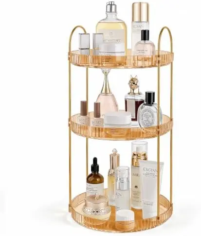 360° Rotating Makeup Organizer Large Capacity Perfume Tray, 3 Tier, Gold