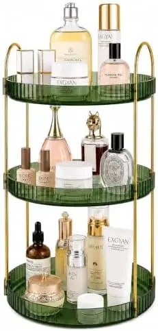 360° Rotating Makeup Organizer Large Capacity Perfume Tray, 3 Tier, Green