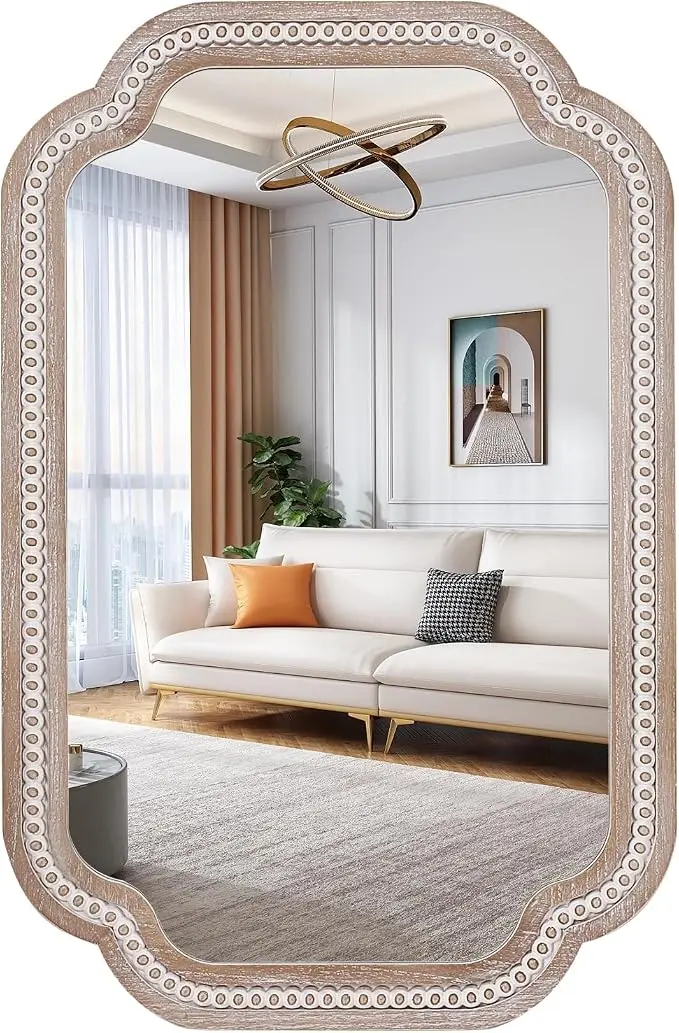 36x24 Inch Boho Wooden Scalloped Mirror
