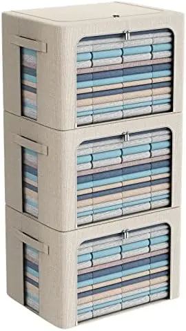 3Pack Foldable Storage Bins - Frame Storage Box Linen Fabric Stackable Clothes Container Organizer with Clear Window & Carry Handles Large Capacity (Extra Large-100L, Beige)