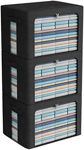 3Pack Foldable Storage Bins - Frame Storage Box Linen Fabric Stackable Clothes Container Organizer with Clear Window & Carry Handles Large Capacity (Extra Large-100L, Black)