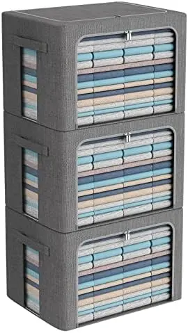 3Pack Foldable Storage Bins - Frame Storage Box Linen Fabric Stackable Clothes Container Organizer with Clear Window & Carry Handles Large Capacity (Extra Large-100L, Dark Gray)