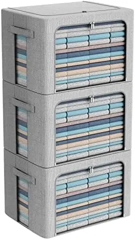 3Pack Foldable Storage Bins - Frame Storage Box Linen Fabric Stackable Clothes Container Organizer with Clear Window & Carry Handles Large Capacity (Extra Large-100L, Light Grey)