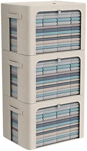 3Pack Foldable Storage Bins - Frame Storage Box Linen Fabric Stackable Clothes Container Organizer with Clear Window & Carry Handles Large Capacity (Large-66L, Beige)