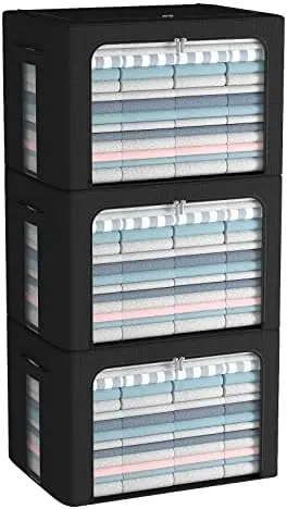 3Pack Foldable Storage Bins - Frame Storage Box Linen Fabric Stackable Clothes Container Organizer with Clear Window & Carry Handles Large Capacity (Large-66L, Black)